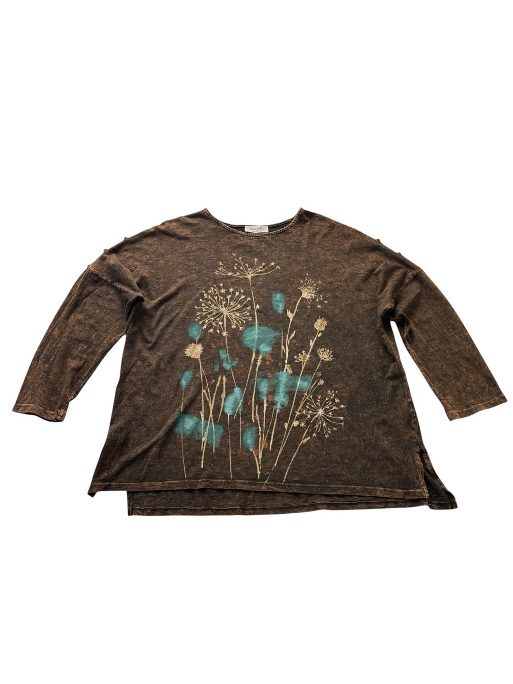 Jess & Jane dark brown Mineral Washed tunic top 3-button accent dolman sleeve| L - Picture 8 of 13